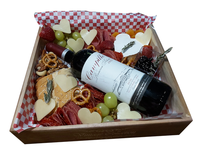 Caja de carnes frias quesos finos y vinos