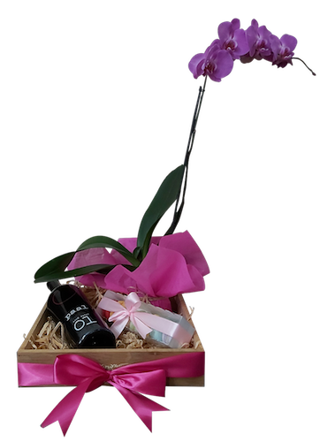 Arreglo orquidea y vino tinto